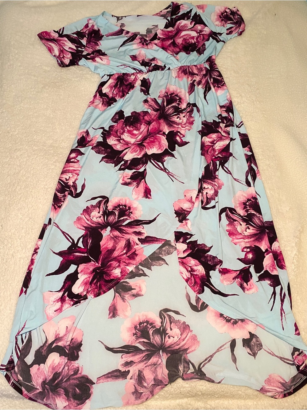 Light Blue Maxi Dress with Pink Floral Print